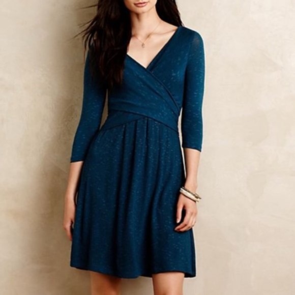 Anthropologie Dresses & Skirts - Anthro Amadi Teal Faux Wrap Lola Sweater Dress